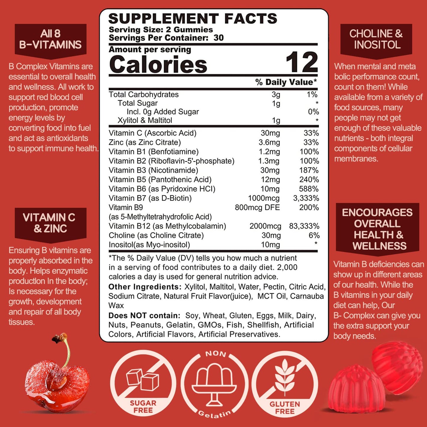Vitamin B Complex Gummies, Vegan Vitamin B Gummies with 2000 mcg Methyl B12, Methyl Folate | Plus Choline + Inositol, Vitamin C + Zinc for Supports Energy, Mood, Immune, Healthy Hair, Skin - 120 Cts