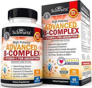 Vitamin B Complex with Vitamin C for Maximum Absorption - Methylcobalamin b12 & Folate Folic Acid Supplement - Vitamins B1 B2 B3 B5 B6 B7 B9 for Immune Energy & Nervous System Support - Non-GMO -60ct in Pakistan