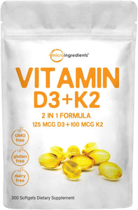 Vitamin D3 5000IU Plus K2, 2 in 1 Formula, Vitamin D3 with MK7 Vitamin K2, 300 Soft-Gels, Immune Vitamin Complex with Virgin Sunflower Seed Oil, Support Heart, Teeth & Joint Health, Easy to Swallow