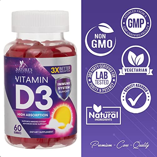 Vitamin D3 Gummy Vitamins Extra Strength 5000 IU (125 mcg) High Potency Vita D Gummies Dietary Supplement - Bone, Teeth, Muscle & Immune Support, Nature's Vitamin D Supplement, Non-GMO - 60 Gummies