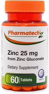 Zinc Gluconate 25 mg Chelated Elemental Zinc, Immune Support Supplement Mineral Antioxidant for Vegetarians, Acne, Easy to Swallow, 60 Tablets, by Pharmatech® in Pakistan
