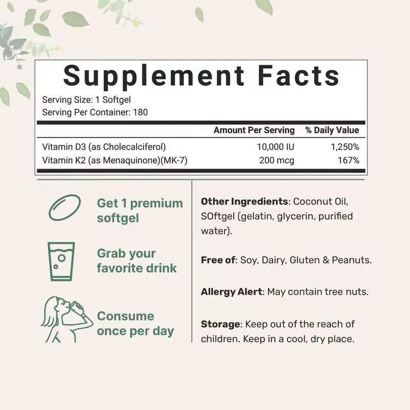 180Pills Vitamin D3 K2 10000 IU, K2 D3 Vitamin Supplement Virgin Coconut Oil Softgels Immune & Bone Health Support