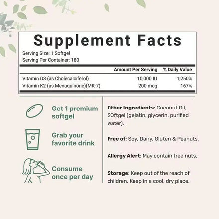 180Pills Vitamin D3 K2 10000 IU, K2 D3 Vitamin Supplement Virgin Coconut Oil Softgels Immune & Bone Health Support