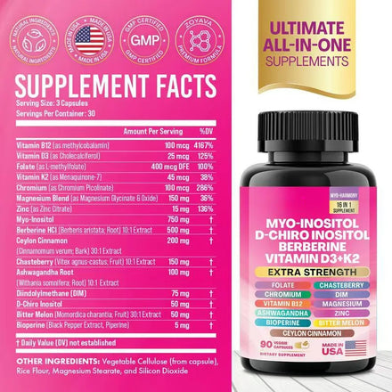 2 Bottles 90 Capsules 16 In 1 Myo Inositol Supplement + 60 Cpasules 13 In 1 Ashwagandha Capsules Relax Muscle Brain Support
