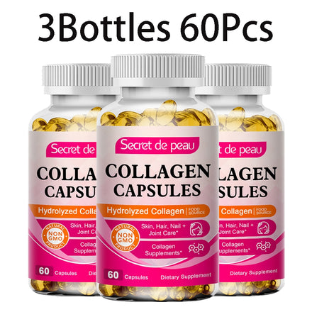 3 Bottles Hydrolyzed Collagen Capsule Support Skin Brightening&Joint&Hair&Nails Anti-aging Firming Skin Care Collagen Supplement