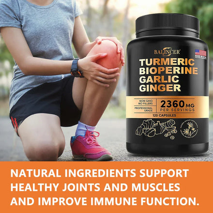 4-in-1 Turmeric Ginger Supplement with Pepperine 2360mg, Garlic Curcumin Black Pepper for Joints, Muscles, Digestion & Immunity