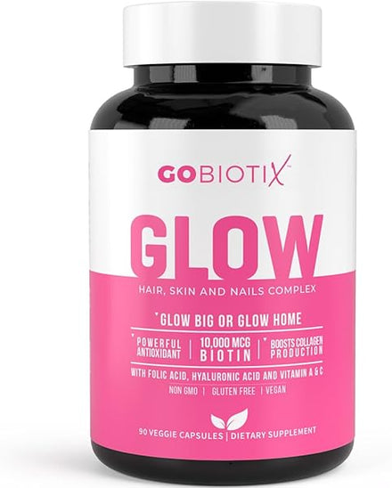 Glow Vitamins - Hair Skin and Nails Multivitamin Supplement - 10,000mcg Biotin Pills with Hyaluronic Acid, Folate, Iron, Magnesium, and Zinc - Boosts Collagen Production, Hair Growth, 90 Capsules in Pakistan