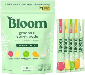 Bloom Nutrition Superfood Greens Powder Stick Packs, Digestive Enzymes with Probiotics and Prebiotics, Gut Health, Bloating Relief for Women, Chlorella, Green Juice Mix, 15 SVG, 5 Flavor Variety in Pakistan