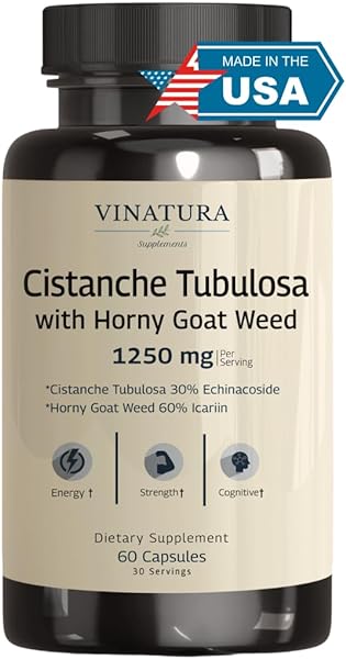 Cistanche with Horny Goat Weed 60% Icariin - 1250mg per Serving, Cistanche Tubulosa, Cistanche Supplement Men, Energy, Strength Cognitive *USA Made and Tested* - 60 Capsules 30 Servings in Pakistan