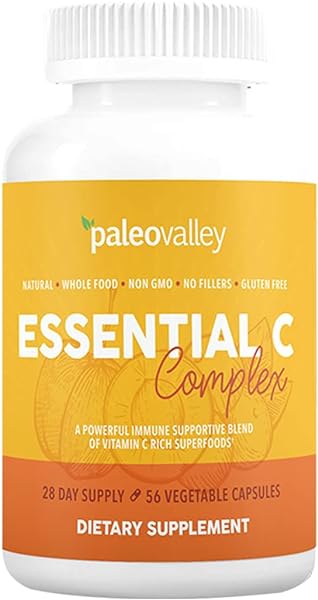 Paleovalley Essential C Complex - Vitamin C Supplement for Immune Support - 1 Pack, 450mg - Organic Superfoods Unripe Acerola Cherry, Camu Camu, Amla Berry - No Synthetic Ascorbic Acid - USA Made in Pakistan in Pakistan