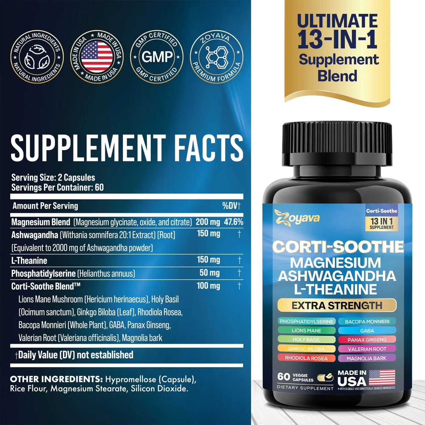 60 Caps Zoyava Corti-soothe Supplement Magnesium Glycinate Relax muscles, replenish energy and vitality, maintain concentration