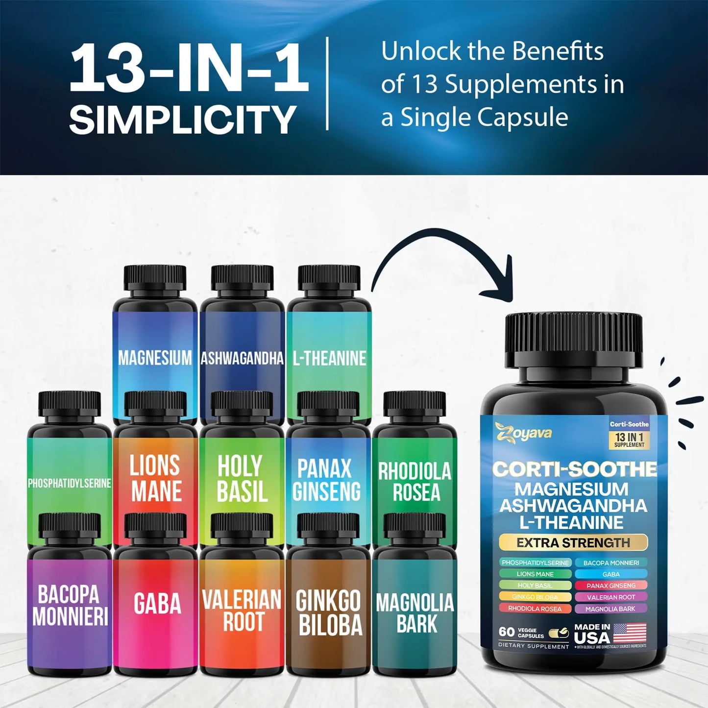 60 Caps Zoyava Corti-soothe Supplement Magnesium Glycinate Relax muscles, replenish energy and vitality, maintain concentration