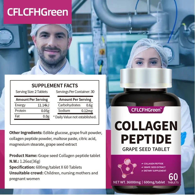 60 Tablets Collagen Peptides Supplement Tightens Skin Promotes Healthy Hair Grape Seed Extract Anti Aging