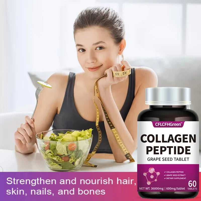 60 Tablets Collagen Peptides Supplement Tightens Skin Promotes Healthy Hair Grape Seed Extract Anti Aging