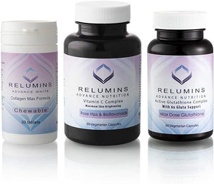Relumins Advance White Triple Capsule MAX Set - MAX Dose Glutathione with 6X Boosters, Collagen MAX Chewable Tablets and Vitamin C MAX - Maximum Skin Lightening and Rejuvenating (One Month Supply) in Pakistan