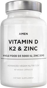 Vitamin D, K2 & Zinc, Cholecalciferol D3 5000 IU, Organic Whole Food Blend with Apple, Blueberry, Cranberry, Elderberry Powder Fruits, Vegan Supplement, D3 K2 Vitamins, Non-GMO - 60 Capsules in Pakistan