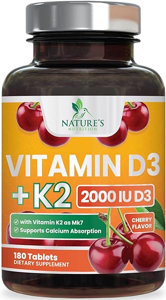 Vitamin D3 K2 as MK-7 with 2000iu of D3 & 75mcg K2, Vitamin K2 D3 Bone Strength Supplements Support Calcium Absorbtion for Teeth & Bone Health + Muscle & Immune Health Support - 180 Chewable Tablets in Pakistan in Pakistan