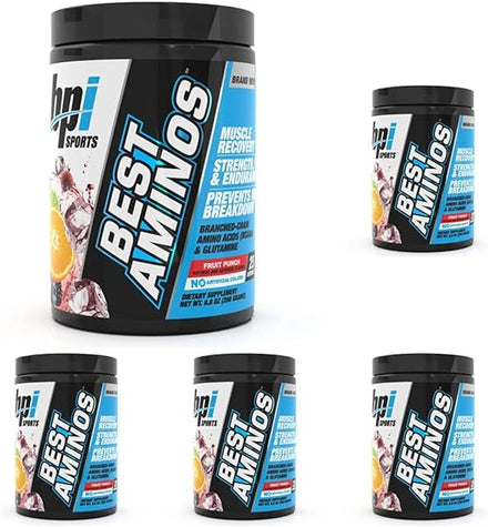 Best Aminos - BCAA Powder Post Workout & Glutamine Recovery Drink with Branched Chain Amino Acids for Hydration & Recovery, for Men & Women - Fruit Punch - 25 Servings (Pack of 5) in Pakistan