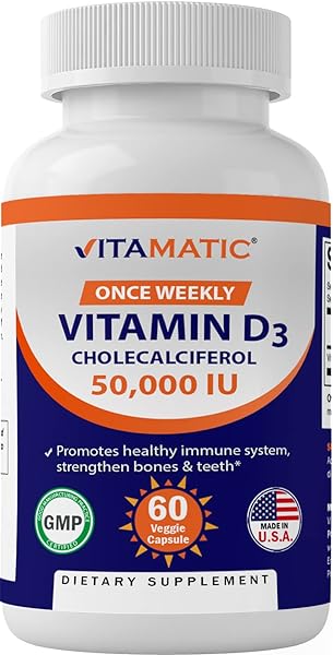 Vitamatic Vitamin D3 50,000 IU (as Cholecalciferol), Once Weekly Dose, 1250 mcg, 60 Veggie Capsules 1 Year Supply, Progressive Formula Helping Vitamin D Deficiencies (60 Count (Pack of 1)) in Pakistan