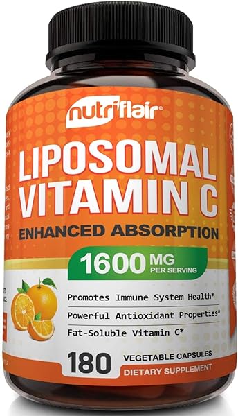 NutriFlair Liposomal Vitamin C 1600mg, 180 Capsules - High Absorption, Fat Soluble VIT C, Antioxidant Supplement, Higher Bioavailability Immune System Support & Collagen Booster, Non-GMO, Vegan Pills in Pakistan in Pakistan