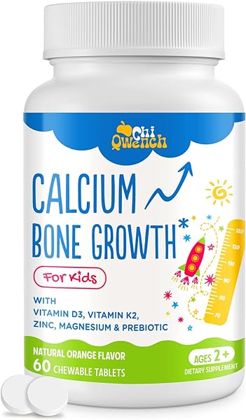 500 MG Calcium Supplement with Vitamin D3 & K2, Zinc, Magnesium & Prebiotics. Kids Vitamins for Kids' Height. Bone Strength, High Absorption, Orange Chewables, Non-GMO, Gluten Free, 60 Tabs in Pakistan