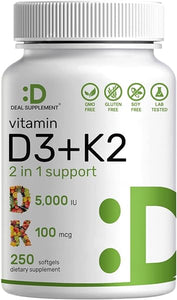 DEAL SUPPLEMENT Vitamin D3 K2 Softgel, 180 Count, 2-1 Complex, Vitamin D3 5000 IU & Vitamin K2 MK7, Promotes Heart, Bone & Teeth Health – Very Easy to Swallow in Pakistan
