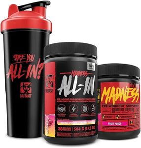Madness and Madness All-in | Double Pre-Workout Bundle | Fruit Punch and Melon Candy | Branded Stainless Steel Shaker | 30 Serving + 18 Serving in Pakistan