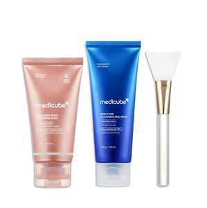 medicube Korean Viral Glass Skin Mask Duo: Collagen Overnight Wrapping Peel Off Facial Mask Pack and Zero Pore Blackhead Mud Facial Mask and Jelly Brush | Valentines Day Gifts for Her, Skin Care Set