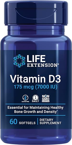 Life Extension Vitamin D3 175 mcg (7000 IU), immune system support, bone health, brain performance, gluten-free, non-GMO, once daily, two-month supply, 60 softgels in Pakistan