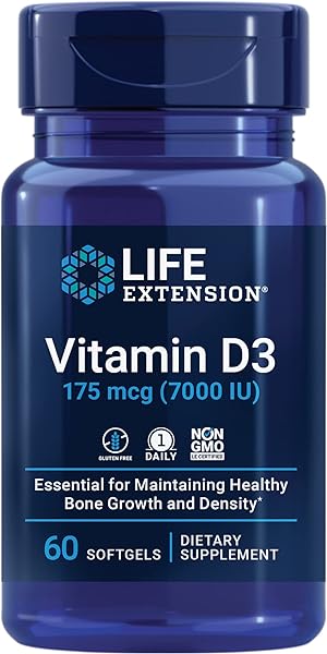 Life Extension Vitamin D3 175 mcg (7000 IU), immune system support, bone health, brain performance, gluten-free, non-GMO, once daily, two-month supply, 60 softgels in Pakistan in Pakistan