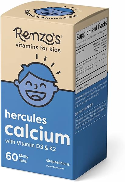 Renzo's Hercules Calcium Supplement with Vitamin D3 & K2 - Dissolving Kids Vitamins - 60 Grape-Flavored Melty Tabs in Pakistan in Pakistan