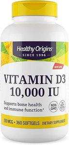 Healthy Origins Vitamin D3 (Lanolin) 10,000 IU Softgel - Bone Health and Immune Support Supplement - Easily Absorbable Vitamin D Supplements - Gluten-Free Vitamin D3 Supplement - 360 Softgels in Pakistan