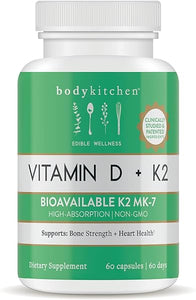 Body Kitchen Vegan Plant-Based Vitamin D3 + K2 (MK7) Supplement, Bone and Heart Health, Non-GMO, 5000 IU Vitamin D & 180 mcg Vitamin K2 MK-7, Easy to Swallow Veggie Caps, 60 Count in Pakistan