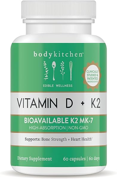 Body Kitchen Vegan Plant-Based Vitamin D3 + K2 (MK7) Supplement, Bone and Heart Health, Non-GMO, 5000 IU Vitamin D & 180 mcg Vitamin K2 MK-7, Easy to Swallow Veggie Caps, 60 Count in Pakistan