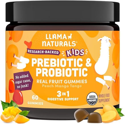 Llama Naturals Real Fruit Prebiotic & Probiotic Kids Gummies, No Added Sugar Cane, Vegan Organic Synbiotics, Children Digestion, Toddler Tummy Aches, Gut Health, 2B CFU, 60 ct (30 Days) Peach Mango in Pakistan