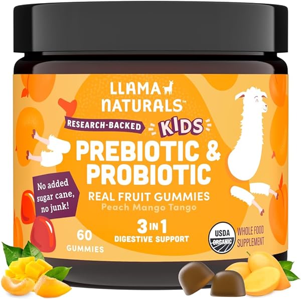 Llama Naturals Real Fruit Prebiotic & Probiotic Kids Gummies, No Added Sugar Cane, Vegan Organic Synbiotics, Children Digestion, Toddler Tummy Aches, Gut Health, 2B CFU, 60 ct (30 Days) Peach Mango in Pakistan in Pakistan