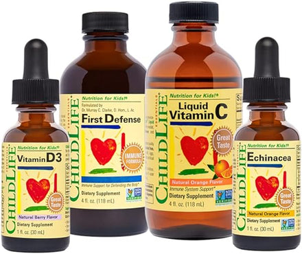 CHILDLIFE ESSENTIALS Immune Support 4-Pack for Infants, Babies, Kids, and Toddlers - Vitamin D3 Natural Berry Drops, Liquid Vitamin C Natural Orange, Echinacea Natural Orange, and First Defense in Pakistan