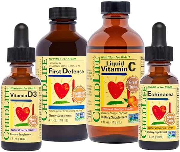 CHILDLIFE ESSENTIALS Immune Support 4-Pack for Infants, Babies, Kids, and Toddlers - Vitamin D3 Natural Berry Drops, Liquid Vitamin C Natural Orange, Echinacea Natural Orange, and First Defense in Pakistan in Pakistan