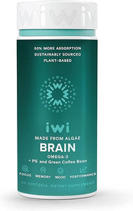 Iwi Life Brain Omega-3, 60 Softgels (30 Servings), Vegan Plant-Based Algae Omega-3 with EPA + DHA, Focus, Memory and Mood Support Dietary Supplement, Krill & Fish Oil Alternative, No Fishy Aftertaste in Pakistan