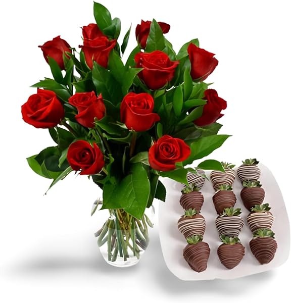 KaBloom PRIME OVERNIGHT DELIVERY: Chocolove Bouquet - 12 Red Roses with Classic Chocolate Dipped Strawberries with Vase.Gift for Birthday, Sympathy, Anniversary,Valentine, Mother’s Day Fresh Flowers in Pakistan in Pakistan