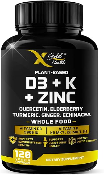 Vitamin D, K2, K1, Zinc, Quercetin, Elderberry, Turmeric, Ginger & Echinacea Whole Food Supplement 8 in 1- D3 5000 IU Plant-Based from Lichen, Vitamin K (K2 MK7, MK4, K1), D3 K2 Vitamins -120 Capsules in Pakistan