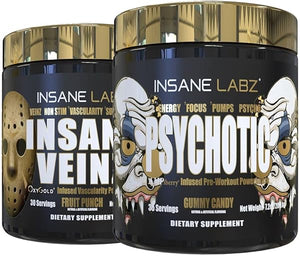 Psychotic Gold and Insane Veinz Gold Pre Workout Nitric Oxide Booster Stack, Increase Muscle Mass, Vascularity, Strength, Energy, Focus, Gummy Candy and Fruit Punch. in Pakistan