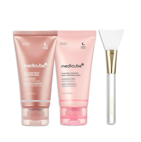Medicube Pink Glow Wrapping Mask Duo: Collagen Overnight Wrapping Peel Off Facial Mask Pack and PDRN Caffeine Overnight Wrapping Peel Off Facial Mask and brush in Pakistan