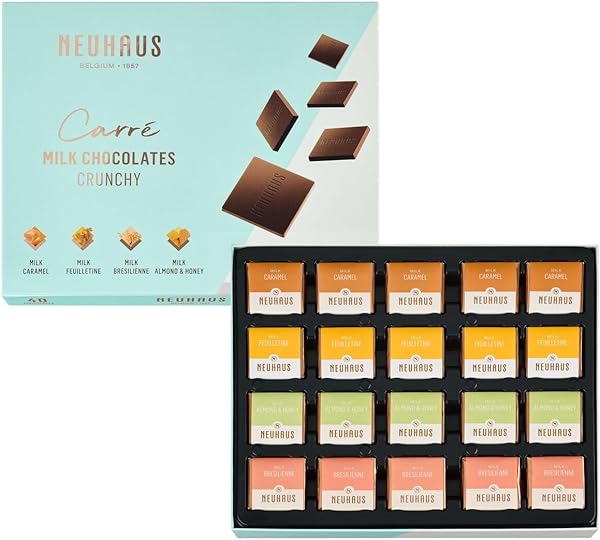 Neuhaus Belgian Chocolate Carré Milk Box – 40 Neuhaus Chocolate Carrés Milk Chocolates – 4 Crunchy Milk Varieties – Individually Wrapped – Chocolate Treasure Box in Pakistan in Pakistan