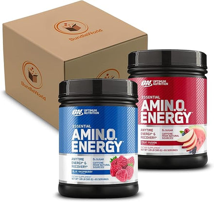 Optimum Nutrition Amino Energy 65 Servings - 2 Flavors Blue Raspberry and Fruit Fusion - Pre Workout with Green Tea, BCAA, Amino Acid, Keto Friendly, Green Coffee Extract, Energy Powder in Pakistan