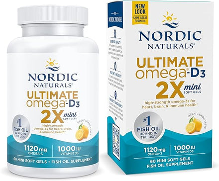 Ultimate Omega 2X Mini D3, Lemon Flavor - 1120 mg Omega-3 + 1000 IU Vitamin D3-60 Mini Soft Gels - Omega-3 Fish Oil - EPA & DHA - Promotes Brain & Heart Health - 30 Servings in Pakistan