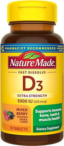 Nature Made Extra Strength Vitamin D3 5000 IU (125 mcg), Vitamin D Supplement for Bone, Teeth, Muscle, Immune Health Support, 70 Sugar Free Fast Dissolve Tablets, 70 Day Supply in Pakistan