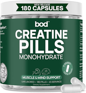 BOD Creatine Monohydrate Pills for Muscle Support, Vegan Pre or Post-Workout Creatine Capsules for Women and Men, 5g Micronized & Instantized Creatine per Serving, 45 Servings, 180 Capsules in Pakistan