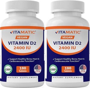 Vitamatic Vitamin D2 60 mcg (2400 IU) - Ergocalciferol - 180 Vegetarian Tablets (180 Tablets (Pack of 1)) (2 Bottles) in Pakistan