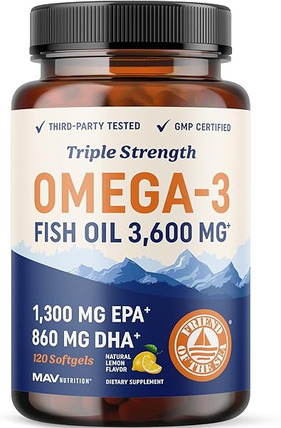 Triple Strength Omega 3 Fish Oil | 3600 mg EPA & DHA | Over 2100mg of Omega 3 Fatty Acids | 1300mg EPA + 860mg DHA | Best Essential Fatty Acids | Premium Burpless Softgel Supplements (120 Ct) in Pakistan